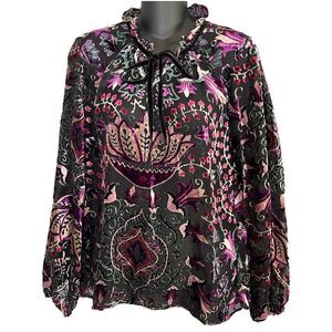 Velvet Burnout Blouse Top Medium Purple Whimsigoth Dark Fairy Boho Ruffled Neck